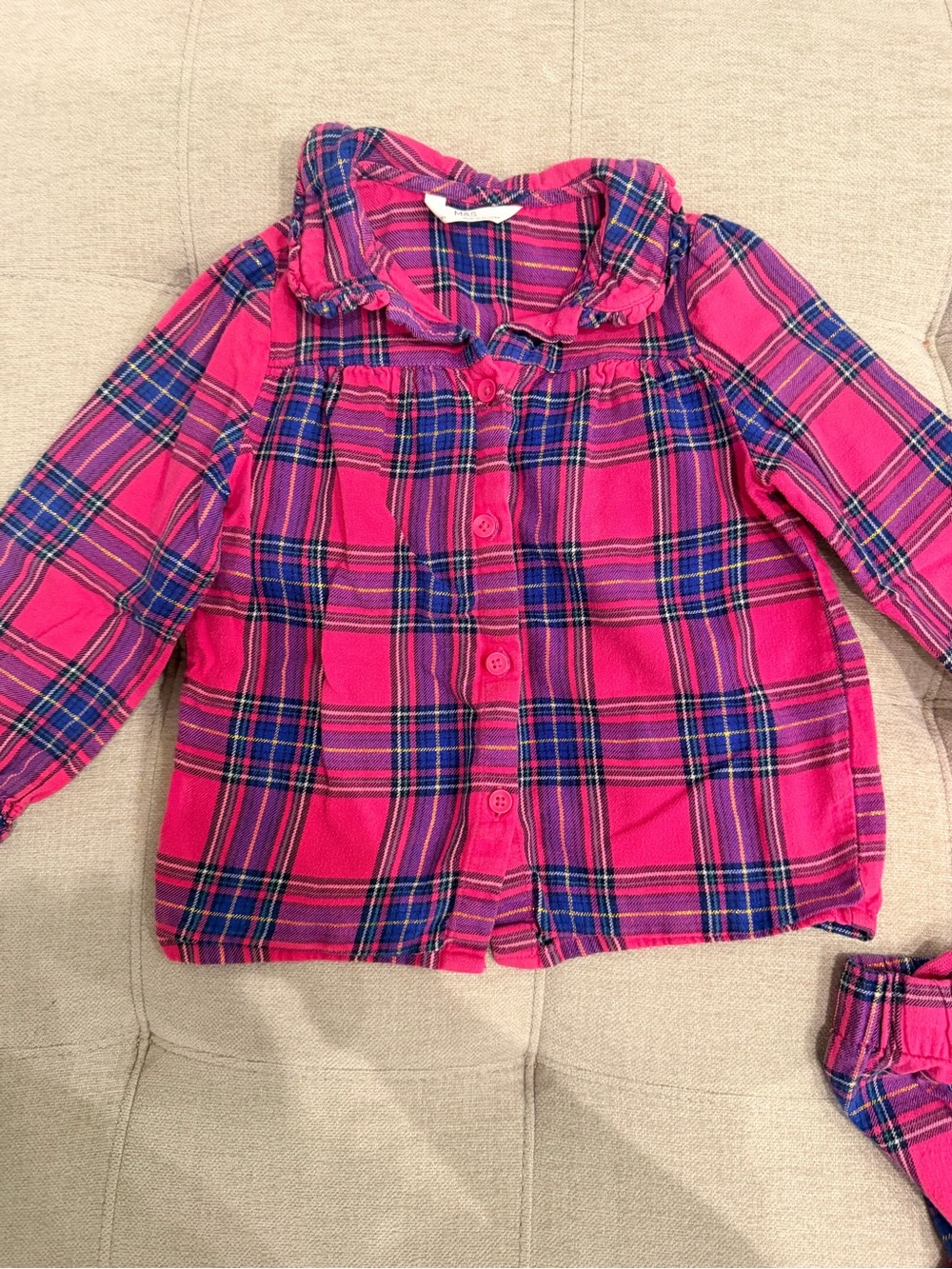 Girls' Plaid Pink Long-Sleeve Pajama Set with Ruffle Collar - Picture 2 of 6